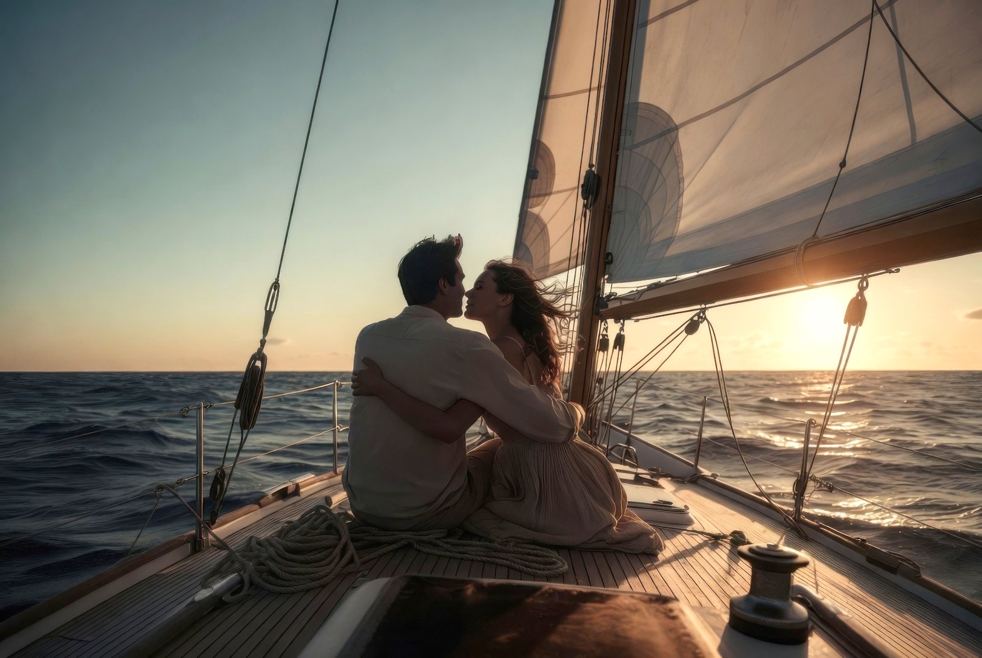 Brautpaar sitzt eng umschlungen am Bug eines Segelboots bei Sonnenuntergang