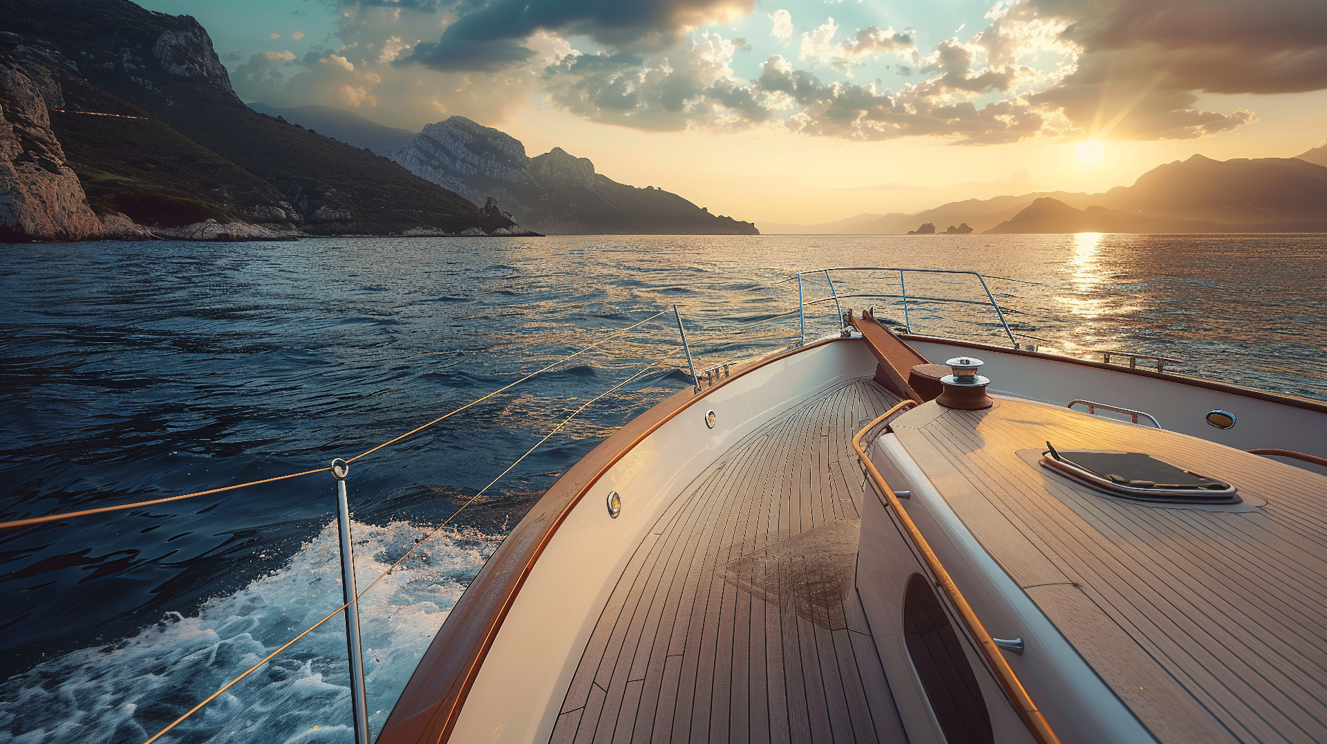 Bow of a sailboat cruising the Croatian Adriatic at golden hour